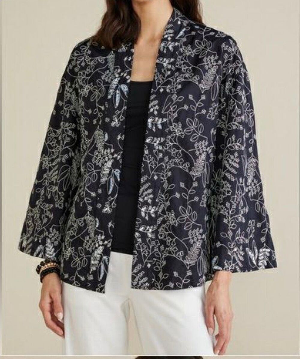 Soft Surroundings Women's Embroidered Sequined Beatrix Topper Black L NWT